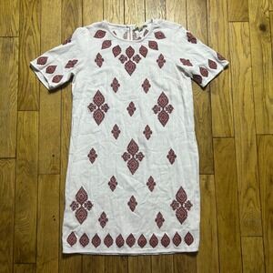 Michael Michael Kors White Cotton Embroidered Boho Shift Dress S Red Medallion